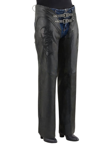 Black leather pants with embroidery on a white background