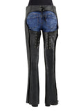 Black leather pants with denim shorts and lace-up details on a white background
