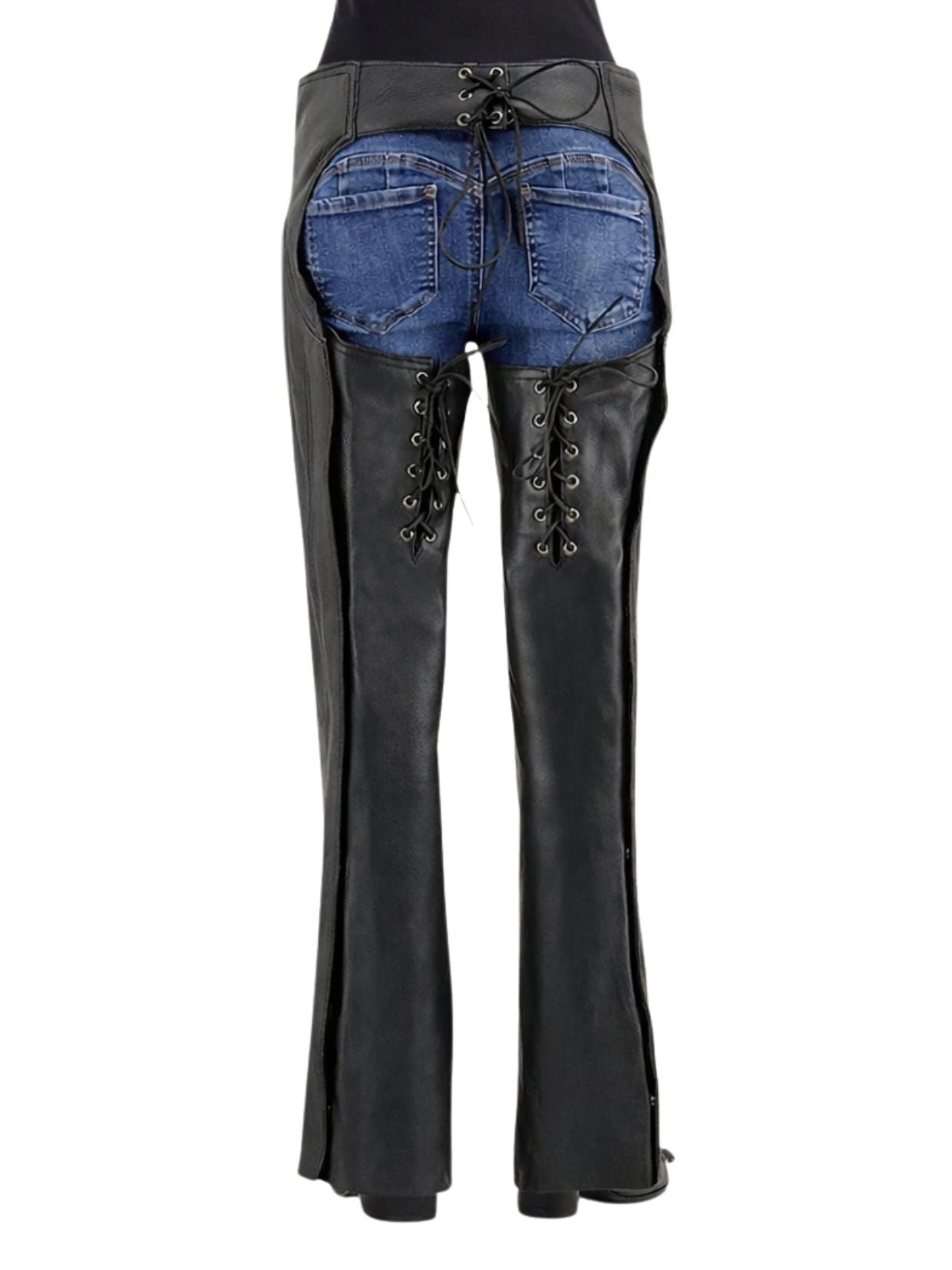 Black leather pants with denim shorts and lace-up details on a white background