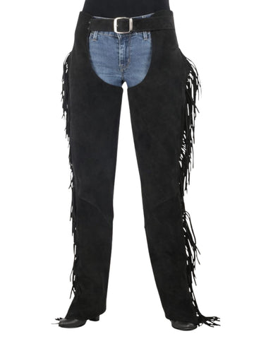 Black fringed pants over blue jeans on a white background