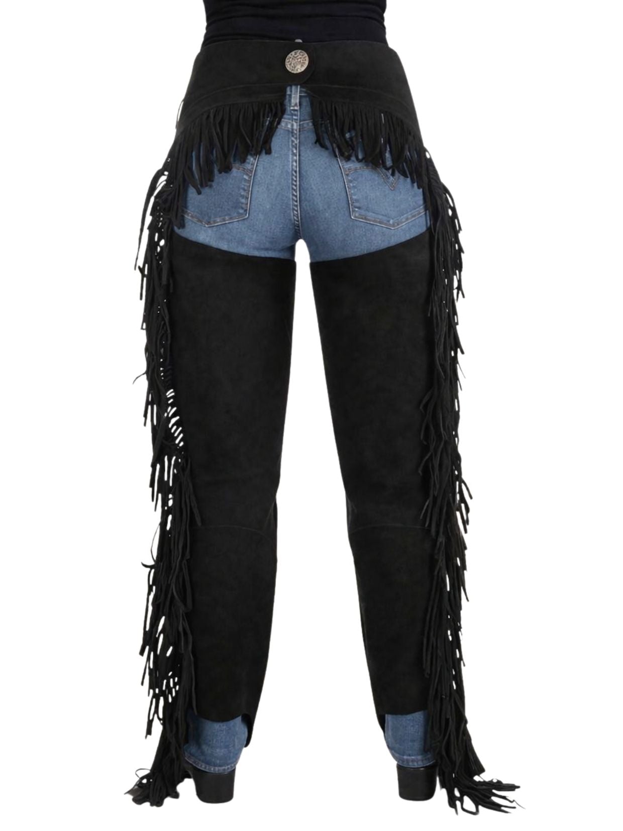 Black fringed pants over denim shorts on a white background