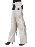 White pants with fringe details on a white background