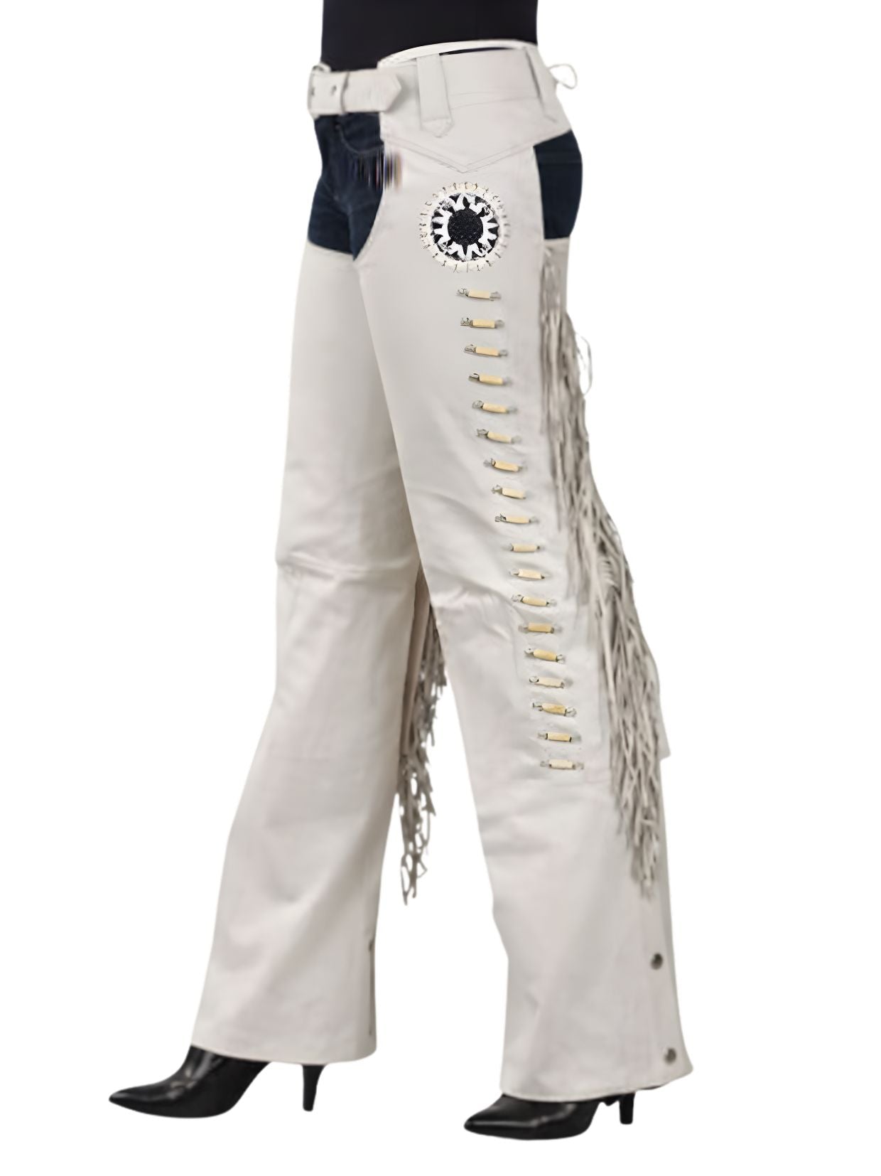 White pants with fringe details on a white background