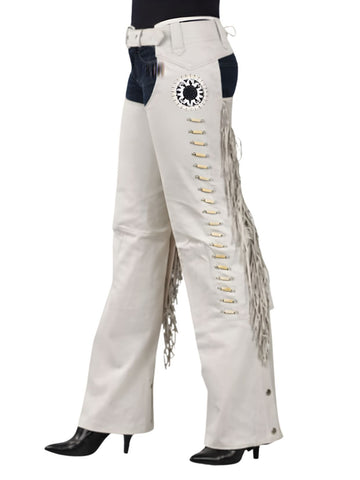 White pants with fringe details on a white background
