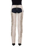Beige pants with denim accents and fringe details on a white background