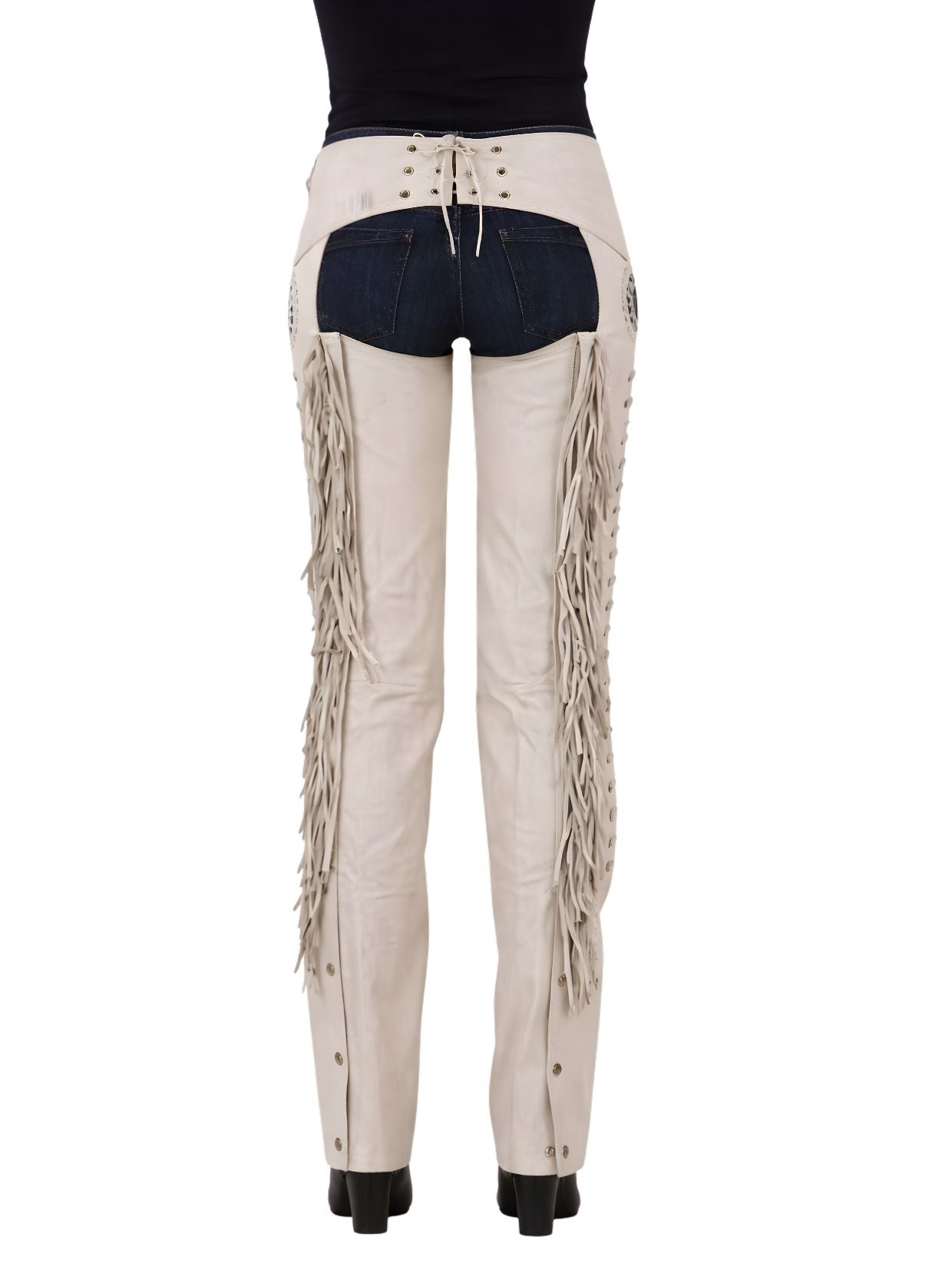 Beige pants with denim accents and fringe details on a white background