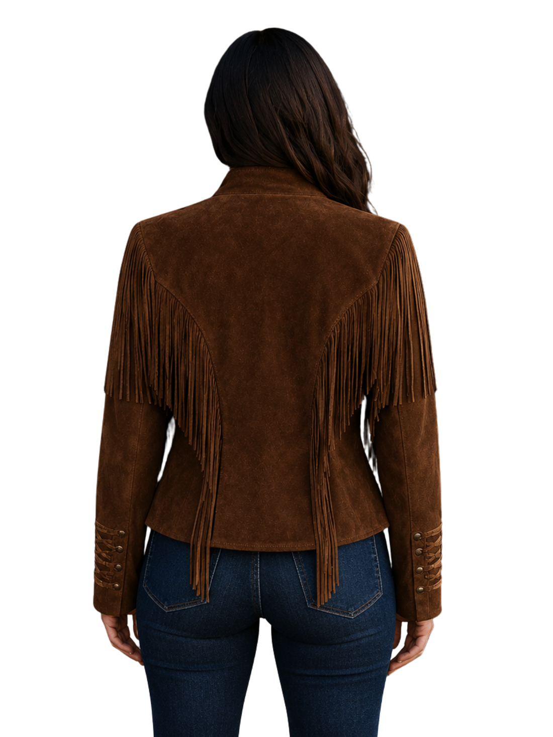 Woman wearing a brown suede fringe jacket on a white background