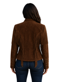 Brown suede jacket with fringes on a white background