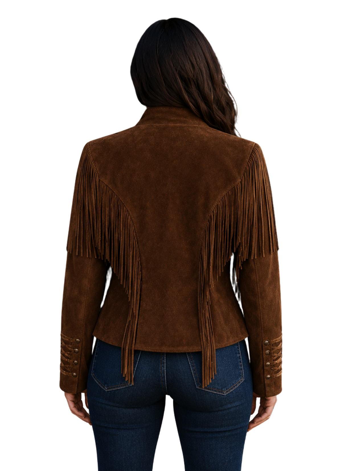 Brown suede jacket with fringes on a white background