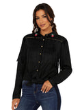 Woman wearing a black fringed shirt with decorative elements on a white background