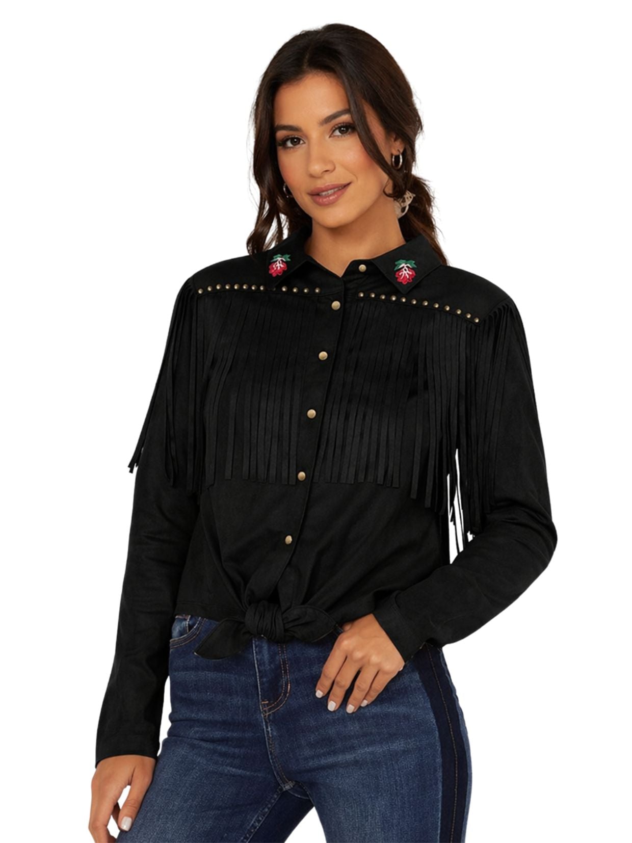 Woman wearing a black fringed shirt with decorative elements on a white background