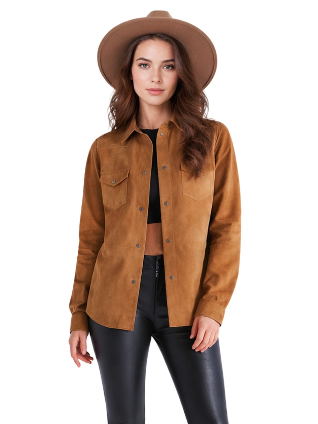 Woman wearing a brown suede shirt and hat on a white background