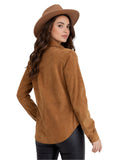 Woman wearing a brown suede jacket and hat on a white background