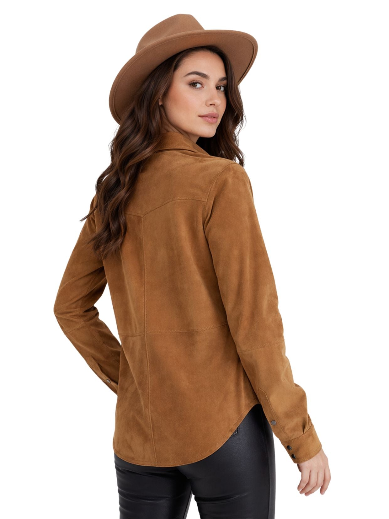 Woman wearing a brown suede jacket and hat on a white background