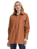 Woman wearing a brown leather shirt on a white background