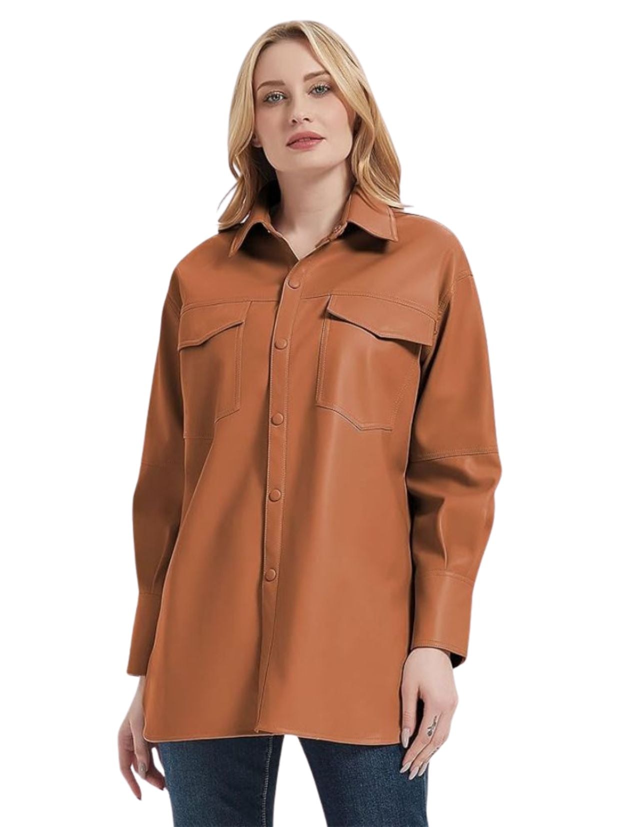 Woman wearing a brown leather shirt on a white background