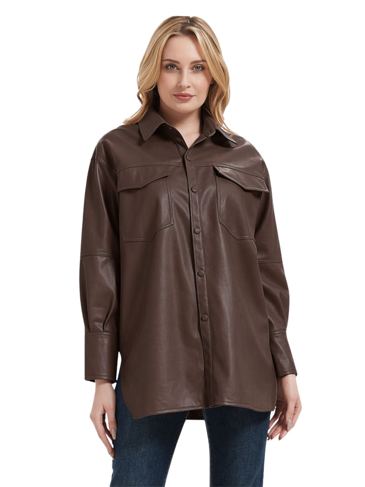 Woman wearing a brown leather jacket on a white background