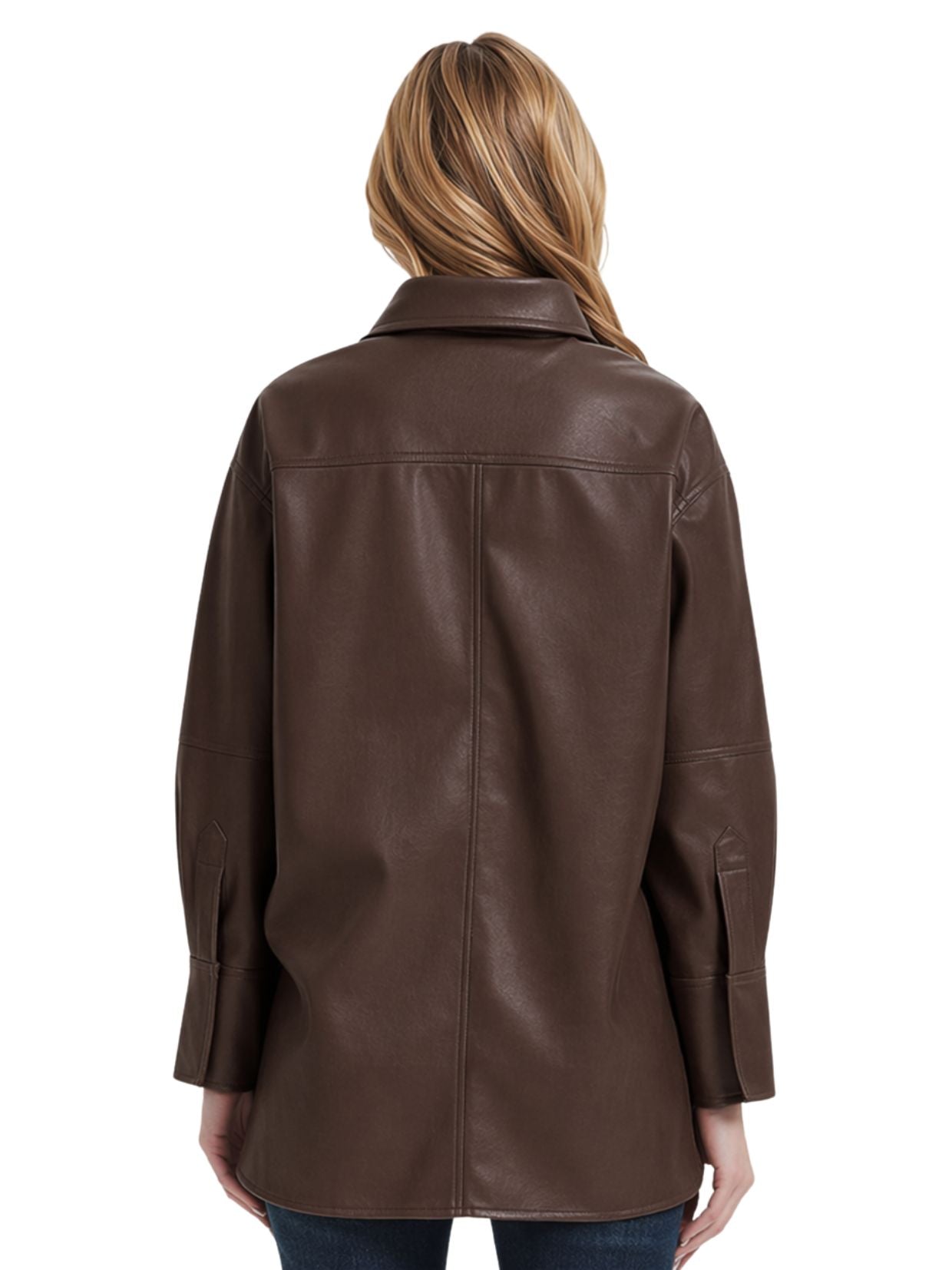 Brown leather jacket worn by a person on a white background