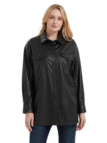 Woman wearing a black leather jacket on a white background