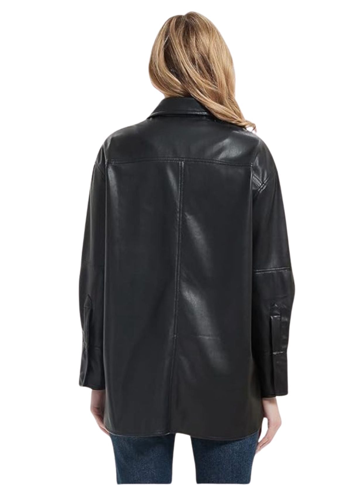 Black leather jacket worn by a person on a white background