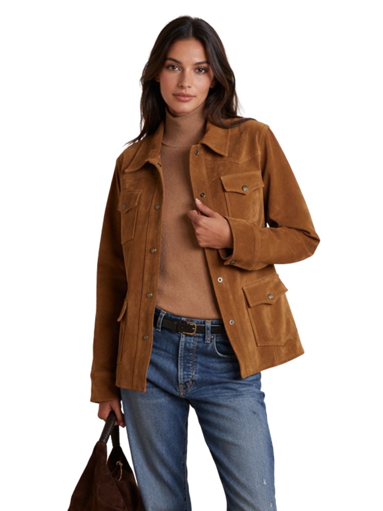 Woman wearing a brown jacket and blue jeans on a white background