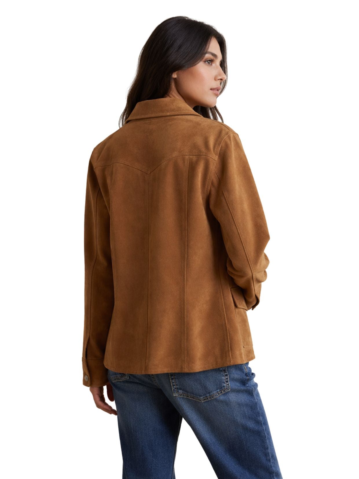 Woman wearing a brown jacket and blue jeans on a white background