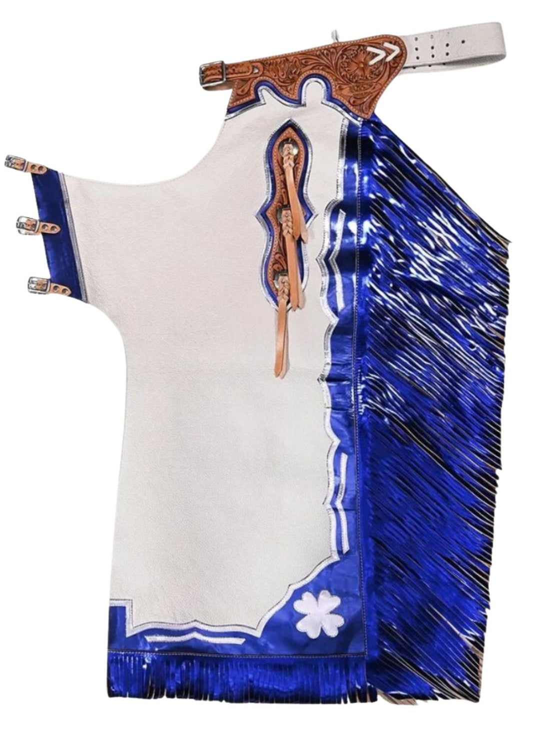 Traditional Mexican charro outfit with white shirt, blue fringes, and decorative elements on a white background