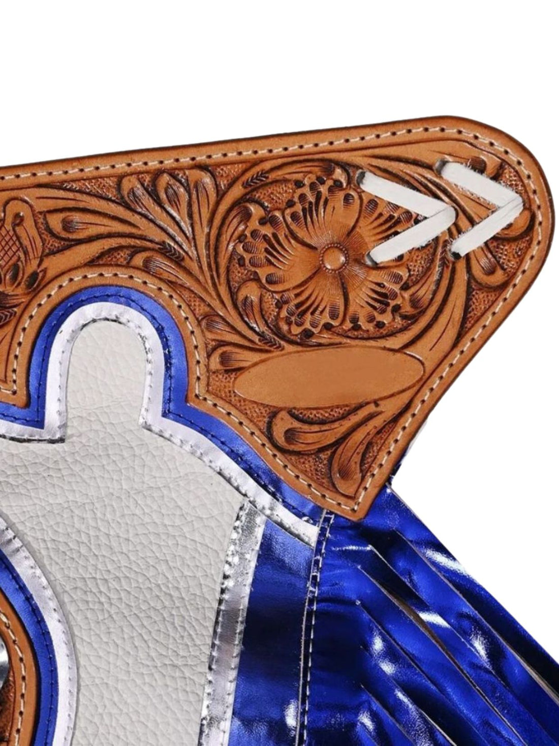 Traditional Mexican charro outfit with white shirt, blue fringes, and decorative elements on a white background