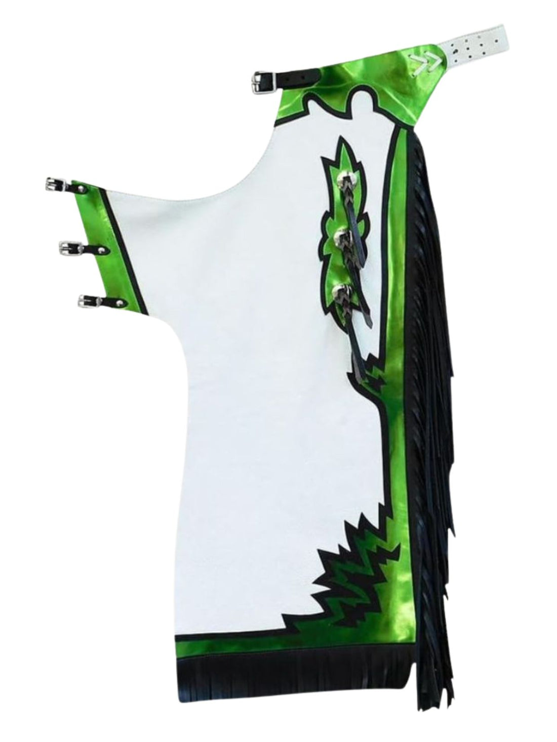 White garment with green and black accents on a white background
