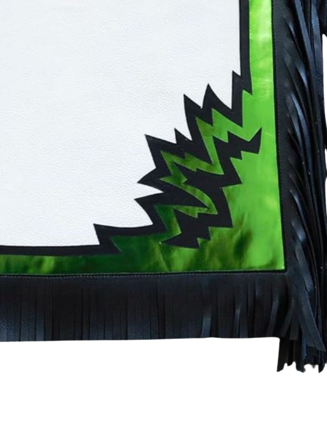 White garment with green and black accents on a white background