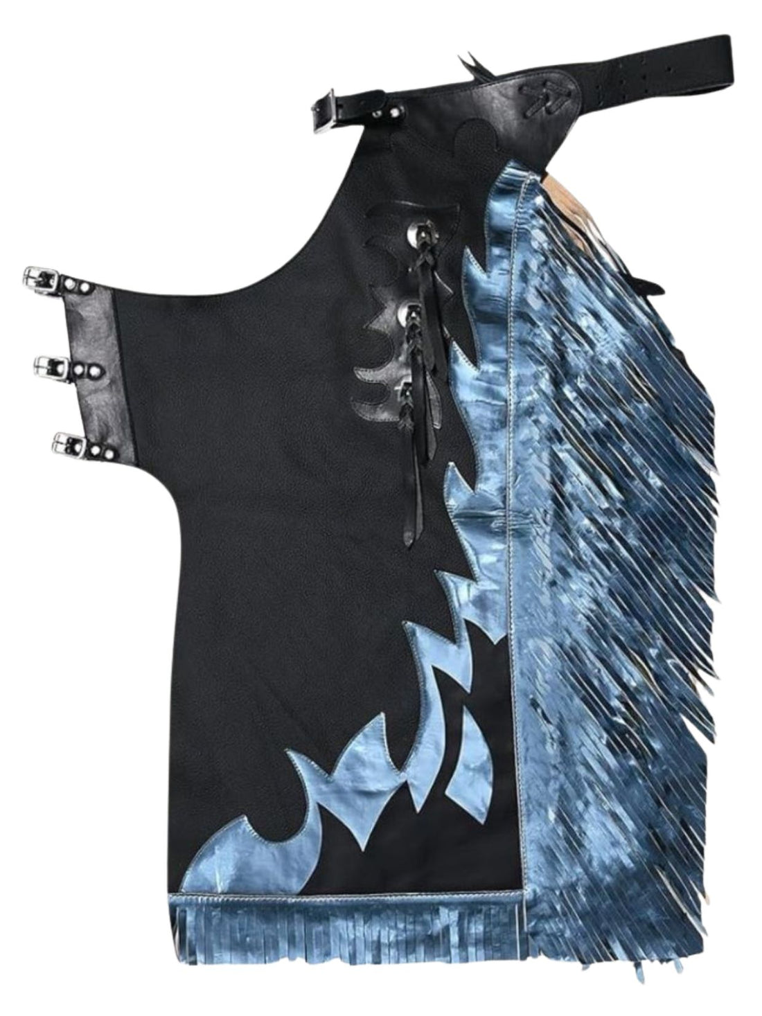 Black leather outfit with blue fringe and flame designs on a white background