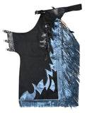 Black leather outfit with blue fringe and flame designs on a white background