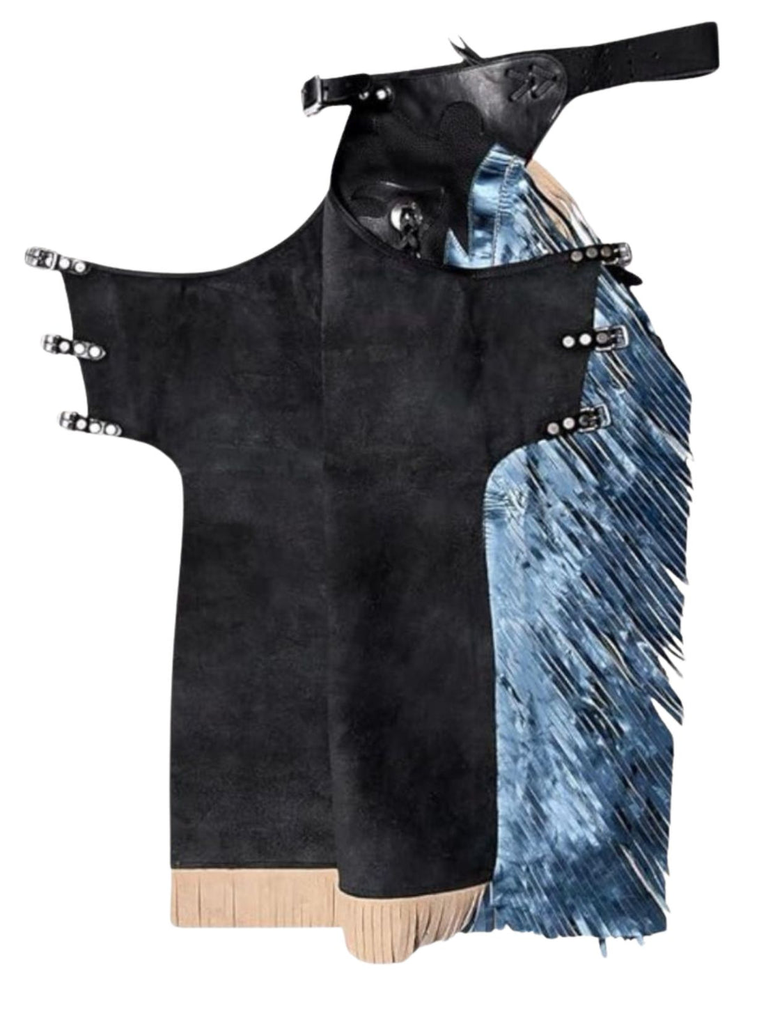Black leather outfit with blue fringe and flame designs on a white background