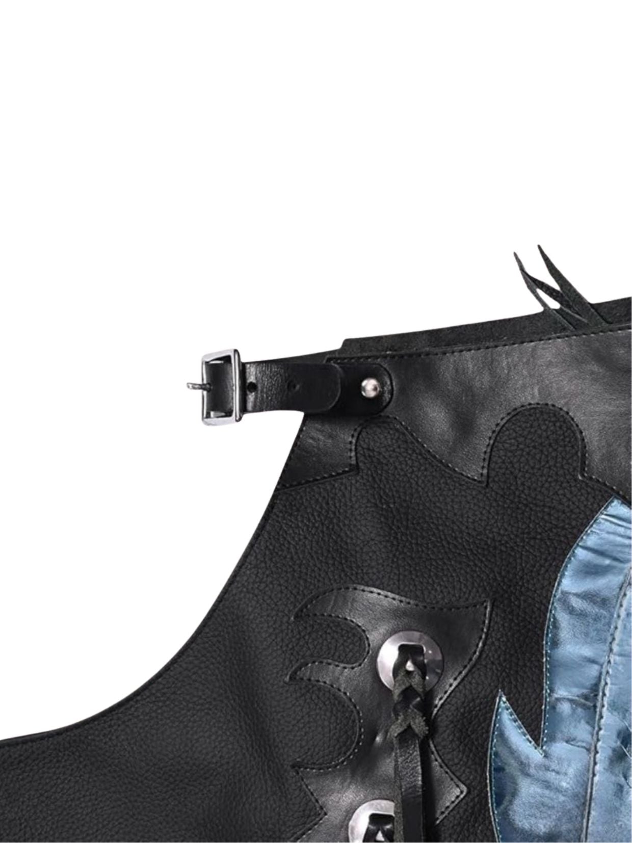 Close-up of a black leather harness with metal buckles on a white background