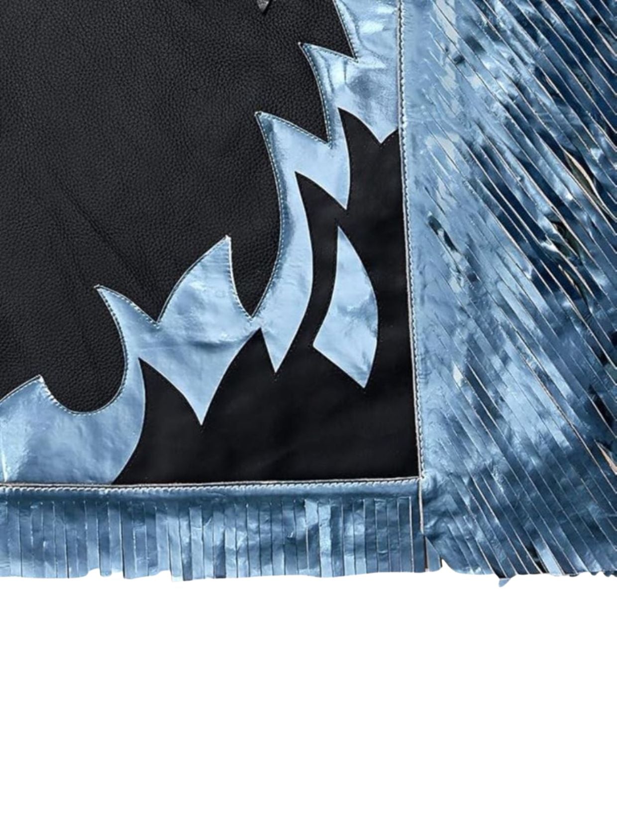 Close-up of a black garment with silver fish designs on a textured blue background
