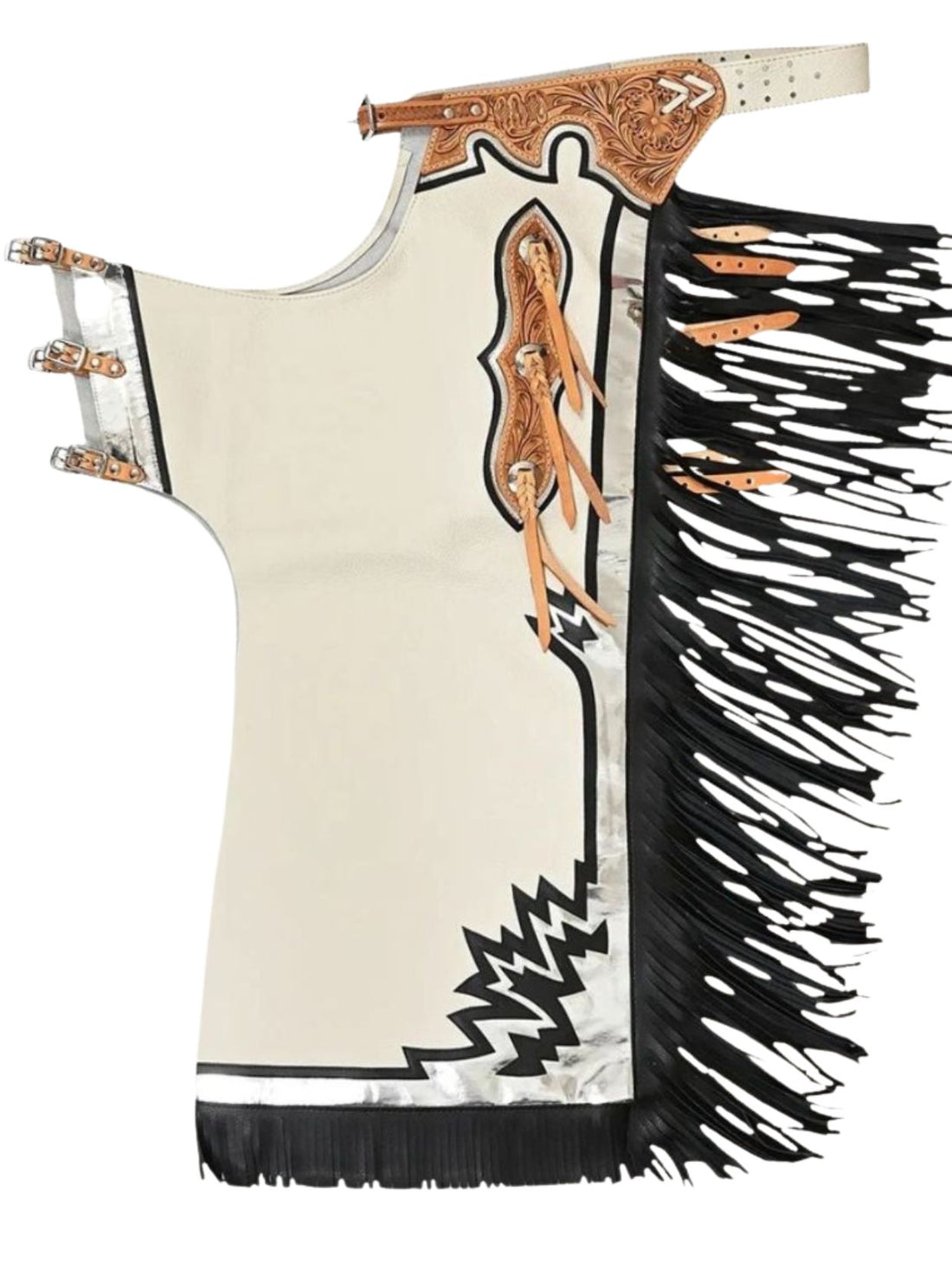 Traditional Native American regalia with intricate designs and fringes on a white background