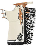 Traditional Native American regalia with intricate designs and fringes on a white background