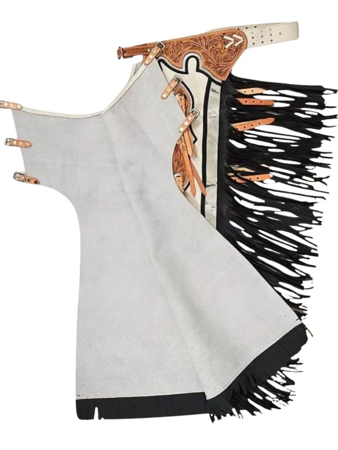 Traditional Native American regalia with intricate designs and fringes on a white background