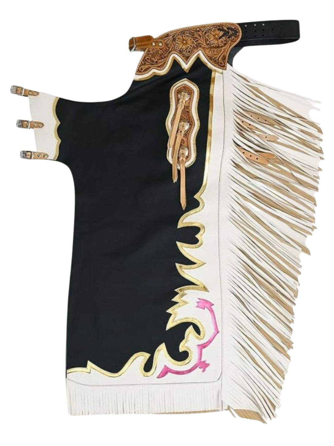 Decorative horse blanket with fringe and intricate patterns on a white background