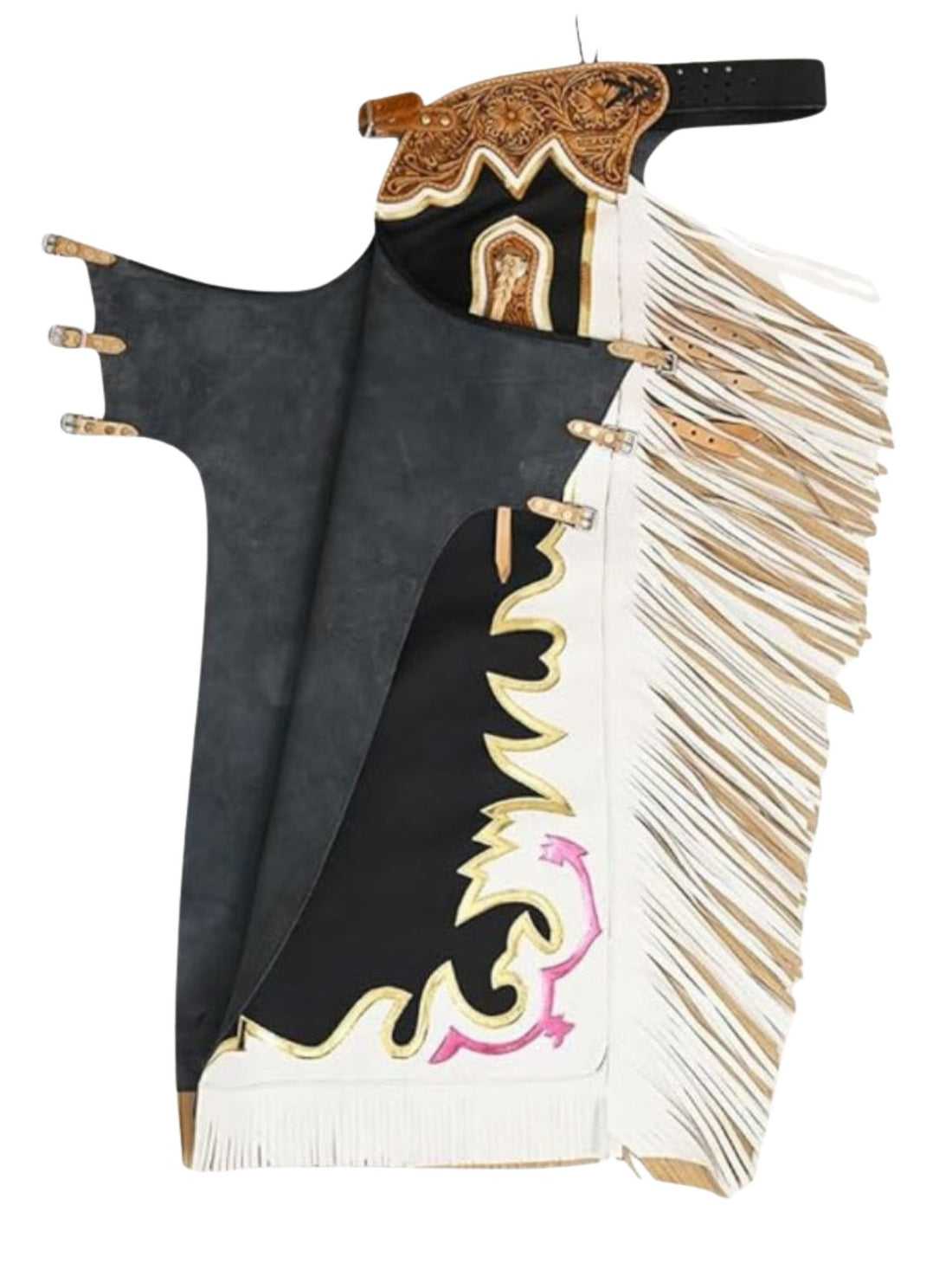 Decorative horse blanket with fringe and intricate patterns on a white background