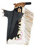 Decorative black leather belt with gold and white fringe on a white background