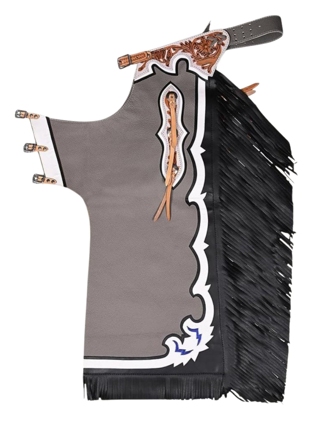 Gray rodeo chaps with black fringe and decorative elements on a white background
