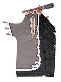 Gray rodeo chaps with black fringe and decorative elements on a white background