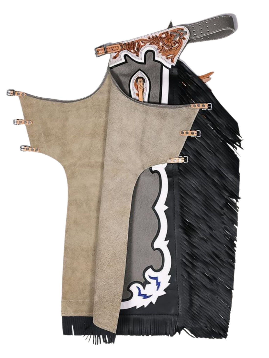 Gray rodeo chaps with black fringe and decorative elements on a white background