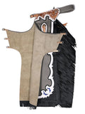 Traditional Native American regalia with a headdress, vest, and fringed elements on a white background