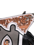 Close-up of a leather belt of the bull riding chaps intricate brown tooled designs on a white background