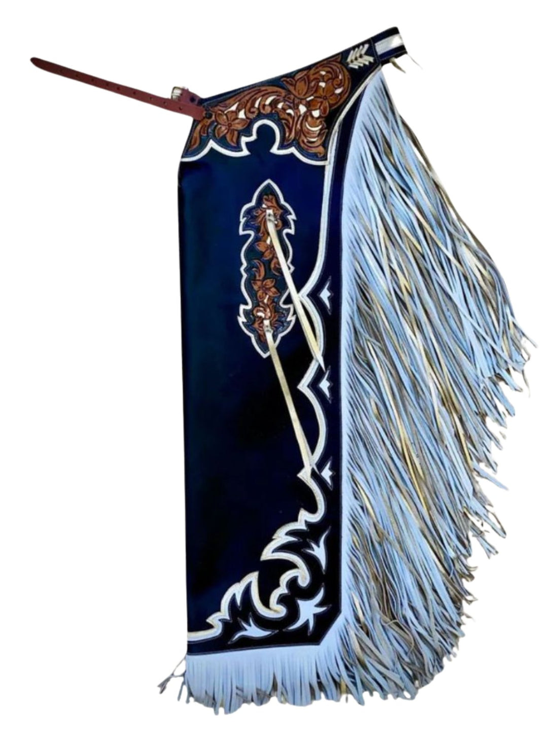 Bull riding chaps with blue and white design and brown accents on a white background