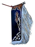 Bull riding chaps with blue and white design and brown accents on a white background