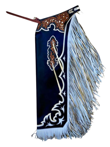 Bull riding chaps with blue and white design and brown accents on a white background