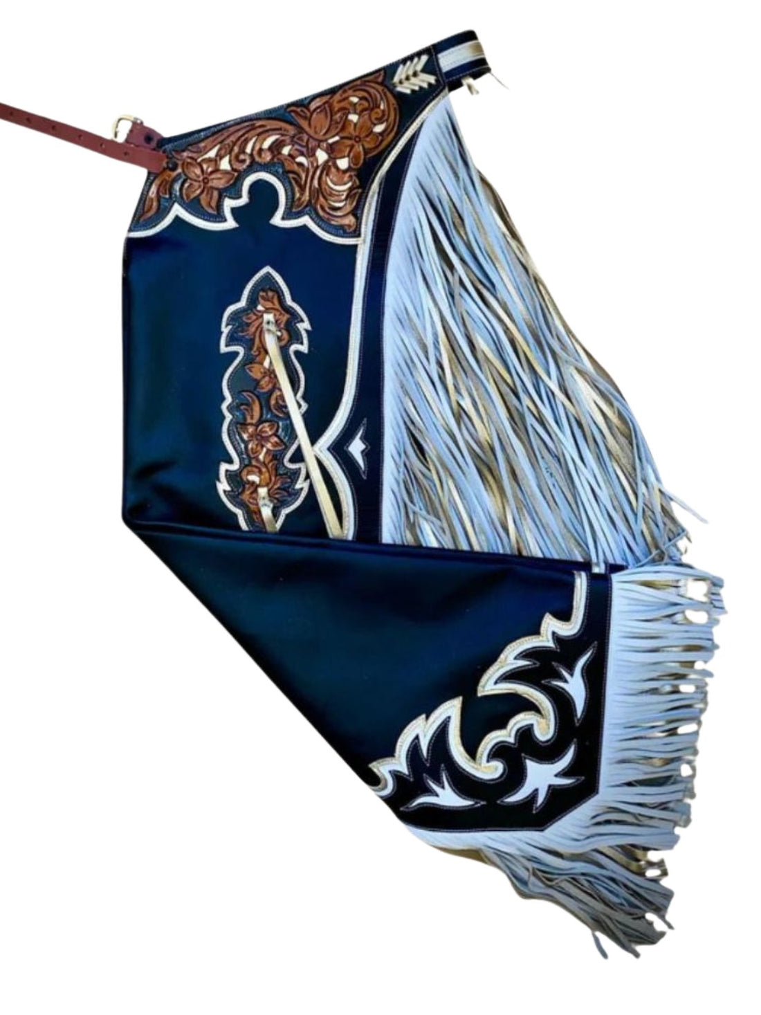 Bull riding chaps with blue and white design and brown accents on a white background